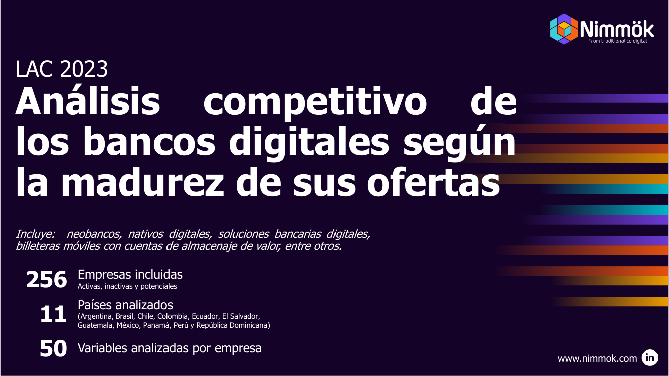 Portada del estudio Análisis competitivo de los bancos digitales según la madurez de sus ofertas, LAC 2023, de Nimmök.