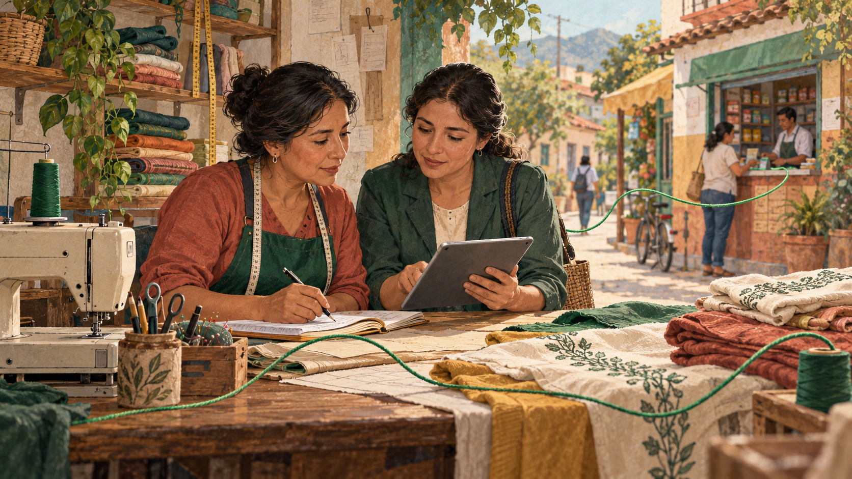 Emprendedora textil y asesora revisan un crédito en el lugar de trabajo, conectadas con servicios cercanos mediante un hilo verde.